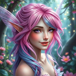 A stunningly gorgeous female fae with breathtaking beauty, featuring electric pink hair that seamlessly blends into soft blue hues, creating a dazzling visual effect