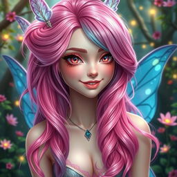 A stunningly gorgeous female fae with breathtaking beauty, featuring electric pink hair that seamlessly blends into soft blue hues, creating a dazzling visual effect