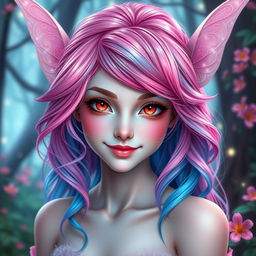 A stunningly gorgeous female fae with breathtaking beauty, featuring electric pink hair that seamlessly blends into soft blue hues, creating a dazzling visual effect