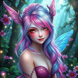 A stunningly gorgeous female fae with breathtaking beauty, featuring electric pink hair that seamlessly blends into soft blue hues, creating a dazzling visual effect