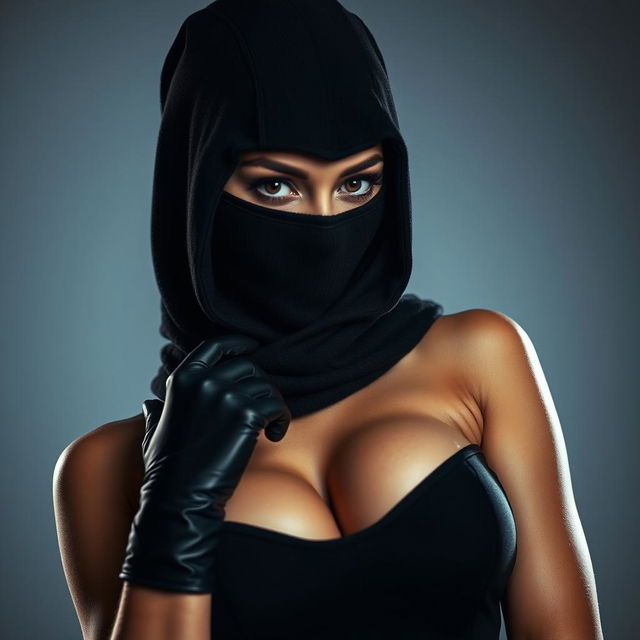 A striking image of a hot, sexy woman wearing a stylish full-cover burglar balaclava that accentuates her mysterious persona