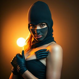 A striking image of a hot, sexy woman wearing a stylish full-cover burglar balaclava that accentuates her mysterious persona