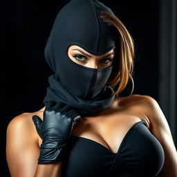 A striking image of a hot, sexy woman wearing a stylish full-cover burglar balaclava that accentuates her mysterious persona