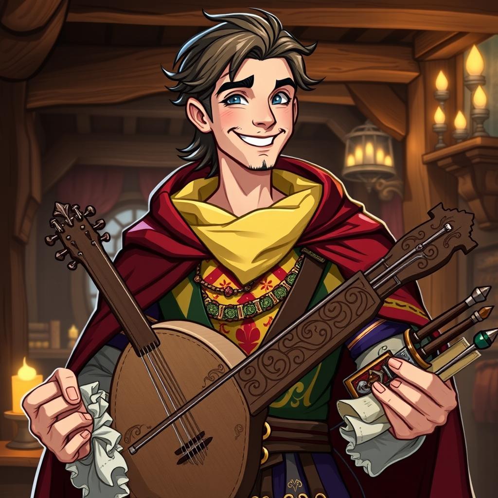 A stylized character portrait of Szymon Hołownia as a charismatic Dungeons & Dragons bard