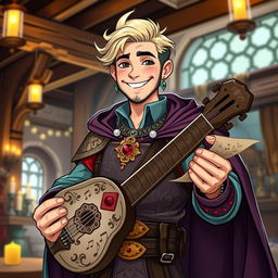 A stylized character portrait of Szymon Hołownia as a charismatic Dungeons & Dragons bard