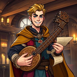 A stylized character portrait of Szymon Hołownia as a charismatic Dungeons & Dragons bard
