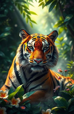 A beautiful, mystical tiger with vibrant orange and black stripes, set against a lush, green jungle backdrop