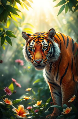 A beautiful, mystical tiger with vibrant orange and black stripes, set against a lush, green jungle backdrop