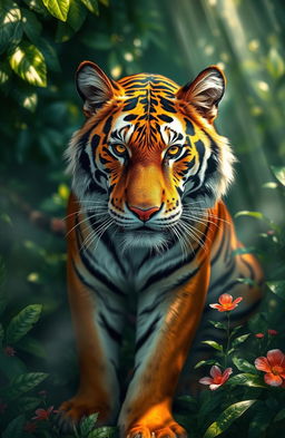A beautiful, mystical tiger with vibrant orange and black stripes, set against a lush, green jungle backdrop