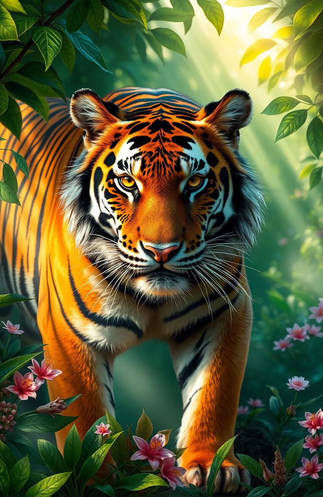 A beautiful, mystical tiger with vibrant orange and black stripes, set against a lush, green jungle backdrop