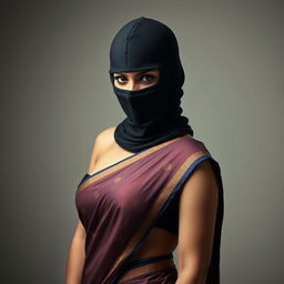 A striking image of a hot, sexy woman wearing a full-cover burglar balaclava while showcasing a beautiful half saree