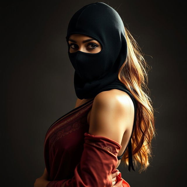 A striking image of a hot, sexy woman wearing a full-cover burglar balaclava while showcasing a beautiful half saree