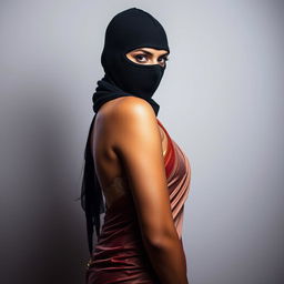 A striking image of a hot, sexy woman wearing a full-cover burglar balaclava while showcasing a beautiful half saree