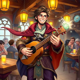 A vibrant and dynamic illustration of Szymon Hołownia characterized as a Dungeons & Dragons bard, exuding an aura of charm and charisma