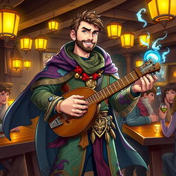 A vibrant and dynamic illustration of Szymon Hołownia characterized as a Dungeons & Dragons bard, exuding an aura of charm and charisma