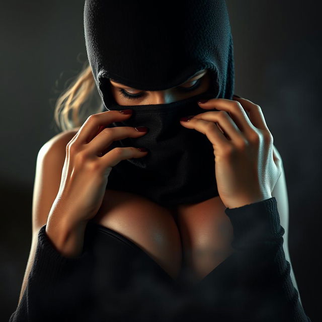 A captivating image of a hot, sexy woman wearing a full-cover burglar balaclava, showcasing her alluring figure while engaging in a smothering pose with her hands, suggesting an intense and intimate moment