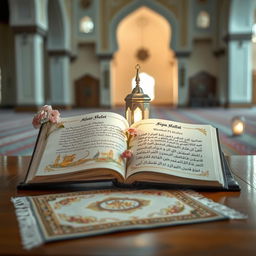 An open, beautifully illustrated book titled 'Buku Pintar Shalat', resting on a traditional wooden table