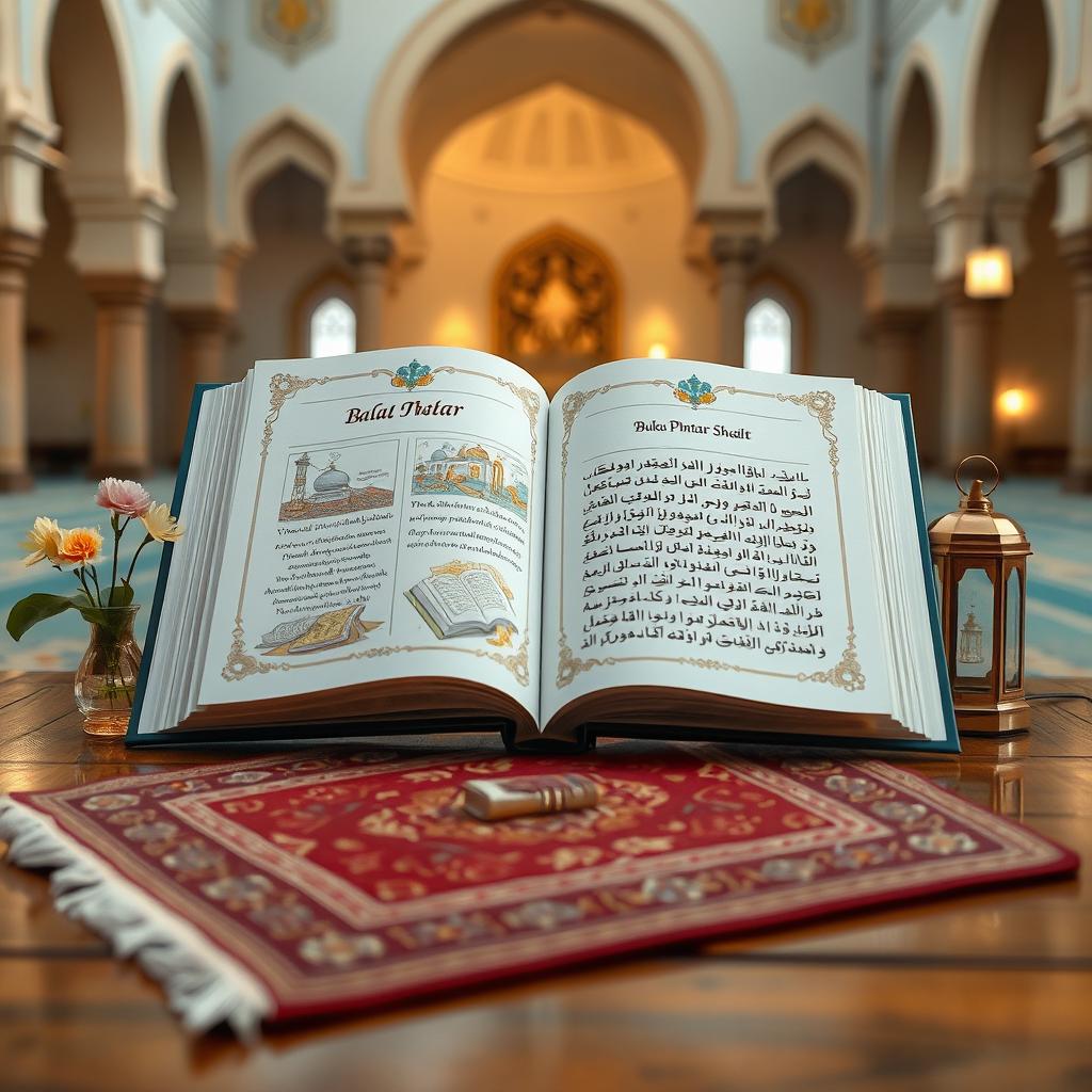An open, beautifully illustrated book titled 'Buku Pintar Shalat', resting on a traditional wooden table