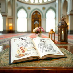 An open, beautifully illustrated book titled 'Buku Pintar Shalat', resting on a traditional wooden table