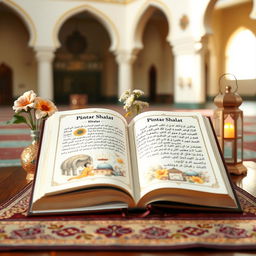 An open, beautifully illustrated book titled 'Buku Pintar Shalat', resting on a traditional wooden table
