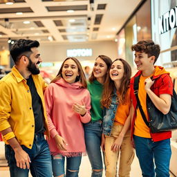 A joyful family consisting of a father, mother, a teenage daughter, and a teenage son, all dressed in cheerful and colorful clothes, enjoying their time together while shopping at a Koton store in Turkey