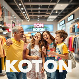 A joyful family consisting of a father, mother, a teenage daughter, and a teenage son, all dressed in cheerful and colorful clothes, enjoying their time together while shopping at a Koton store in Turkey