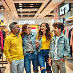 A joyful family consisting of a father, mother, a teenage daughter, and a teenage son, all dressed in cheerful and colorful clothes, enjoying their time together while shopping at a Koton store in Turkey
