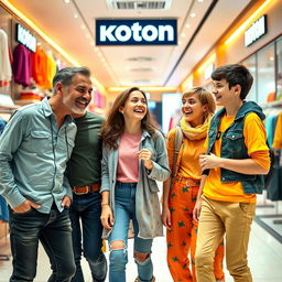 A joyful family consisting of a father, mother, a teenage daughter, and a teenage son, all dressed in cheerful and colorful clothes, enjoying their time together while shopping at a Koton store in Turkey