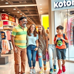 A joyful family consisting of a father, mother, teenage daughter, and teenage son, all dressed in cheerful and colorful clothes
