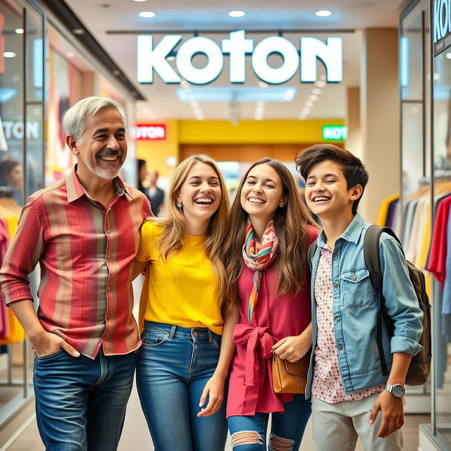 A joyful family consisting of a father, mother, teenage daughter, and teenage son, all dressed in cheerful and colorful clothes