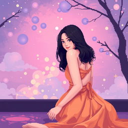 A surreal pixel art scene featuring a beautiful Korean woman posing gracefully and attractively while sitting sideways, gently glancing towards the camera with a soft smile