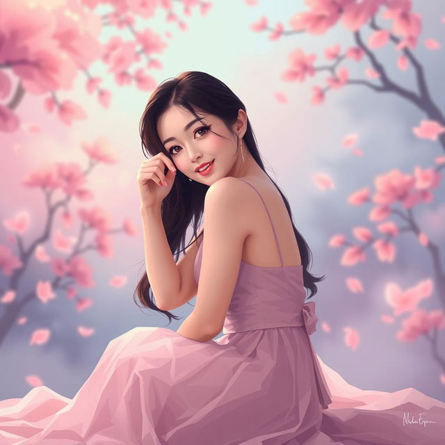 A surreal pixel art scene featuring a beautiful Korean woman posing gracefully and attractively while sitting sideways, gently glancing towards the camera with a soft smile