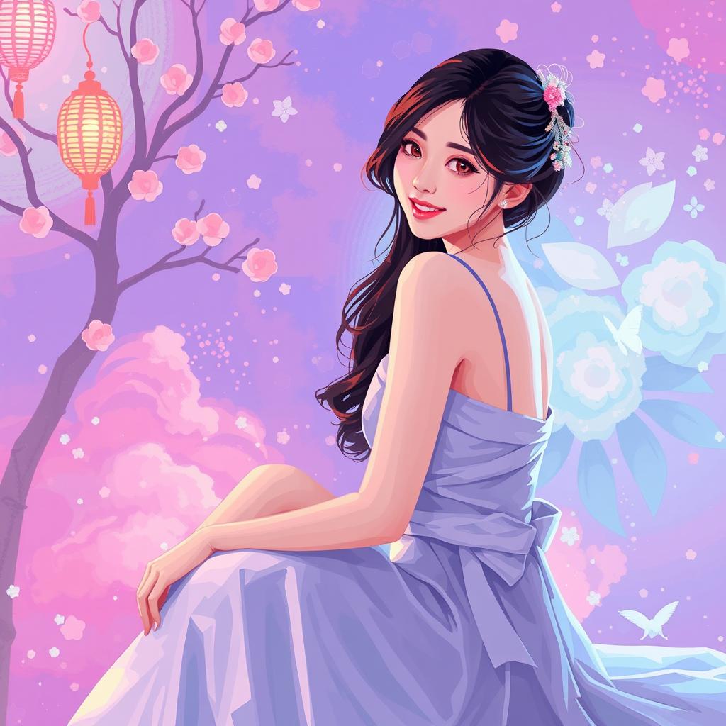 A surreal pixel art scene featuring a beautiful Korean woman posing gracefully and attractively while sitting sideways, gently glancing towards the camera with a soft smile