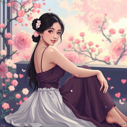 A surreal pixel art scene featuring a beautiful Korean woman posing gracefully and attractively while sitting sideways, gently glancing towards the camera with a soft smile