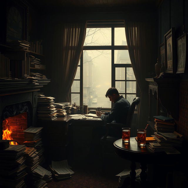 A dark fantasy small office scene set in the early morning, featuring a roaring fireplace that provides warmth and flickering light