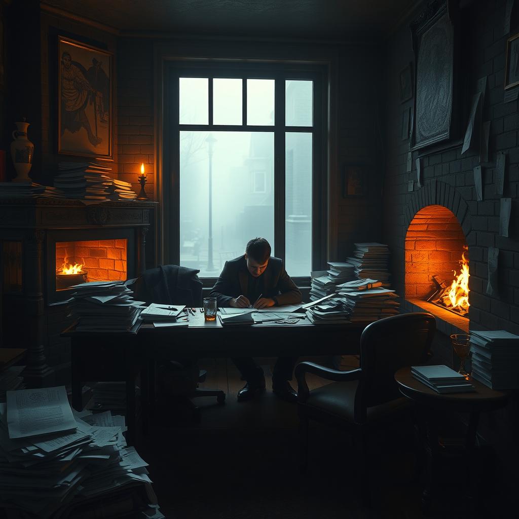 A dark fantasy small office scene set in the early morning, featuring a roaring fireplace that provides warmth and flickering light