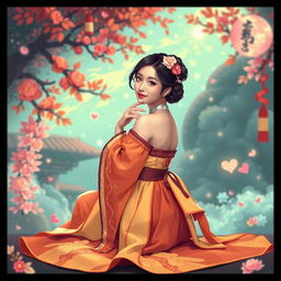 A surreal pixelated scene featuring a beautiful Korean woman posed gracefully and attractively sitting sideways, glancing towards the camera with a gentle smile