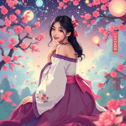 A surreal pixelated scene featuring a beautiful Korean woman posed gracefully and attractively sitting sideways, glancing towards the camera with a gentle smile