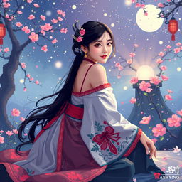A surreal pixelated scene featuring a beautiful Korean woman posed gracefully and attractively sitting sideways, glancing towards the camera with a gentle smile