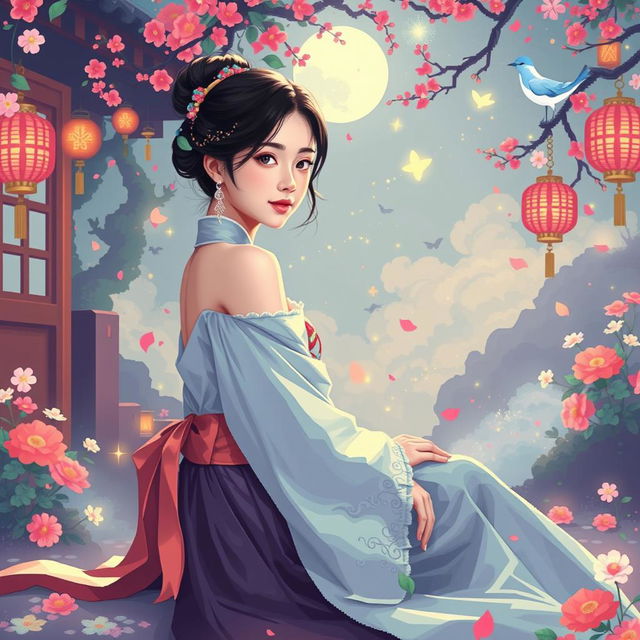 A surreal pixelated scene featuring a beautiful Korean woman posed gracefully and attractively sitting sideways, glancing towards the camera with a gentle smile