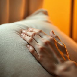 A close-up and artistic representation of a hand gently smothering a soft pillow, with the fingers slightly curled and a delicate touch, highlighting the contrast between the texture of the hand and the plush material of the pillow