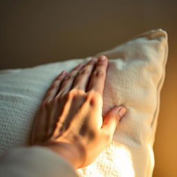 A close-up and artistic representation of a hand gently smothering a soft pillow, with the fingers slightly curled and a delicate touch, highlighting the contrast between the texture of the hand and the plush material of the pillow