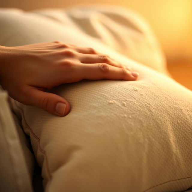 A close-up and artistic representation of a hand gently smothering a soft pillow, with the fingers slightly curled and a delicate touch, highlighting the contrast between the texture of the hand and the plush material of the pillow