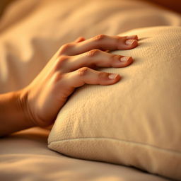 A close-up and artistic representation of a hand gently smothering a soft pillow, with the fingers slightly curled and a delicate touch, highlighting the contrast between the texture of the hand and the plush material of the pillow