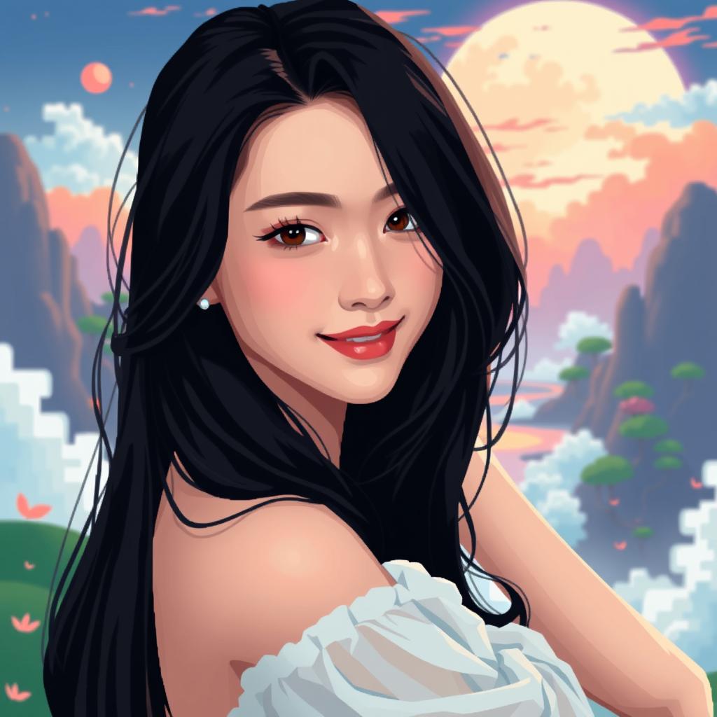 A beautiful Asian woman in a surreal pixel art style, elegantly posed sitting sideways while glancing at the camera with a gentle smile