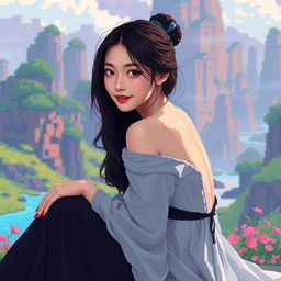 A beautiful Asian woman in a surreal pixel art style, elegantly posed sitting sideways while glancing at the camera with a gentle smile
