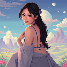 A beautiful Asian woman in a surreal pixel art style, elegantly posed sitting sideways while glancing at the camera with a gentle smile