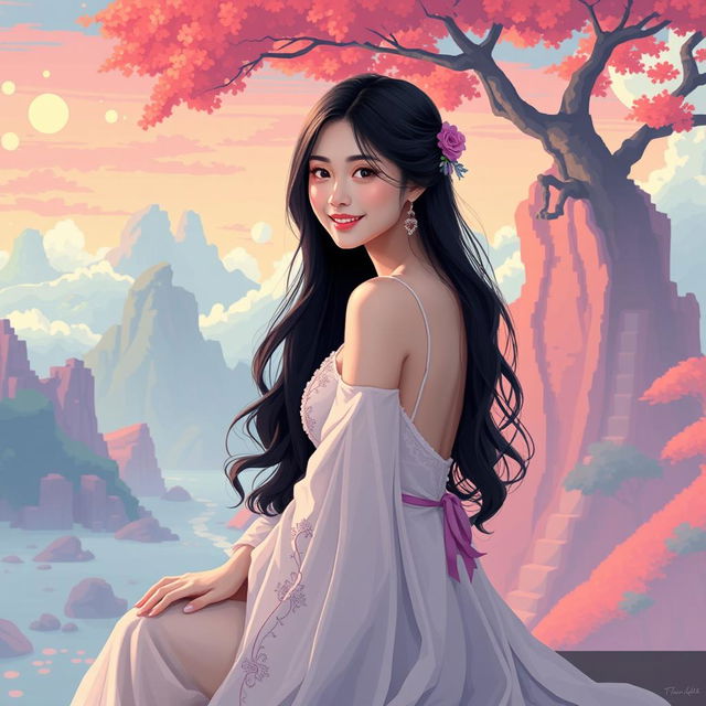 A beautiful Asian woman in a surreal pixel art style, elegantly posed sitting sideways while glancing at the camera with a gentle smile