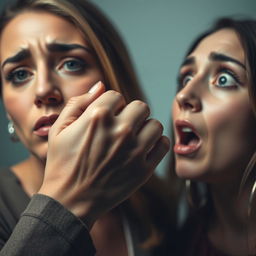 A dramatic and artistic scene featuring a woman's hand gently but firmly covering another woman's mouth, suggesting a moment of suspense or intimacy