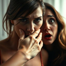 A dramatic and artistic scene featuring a woman's hand gently but firmly covering another woman's mouth, suggesting a moment of suspense or intimacy